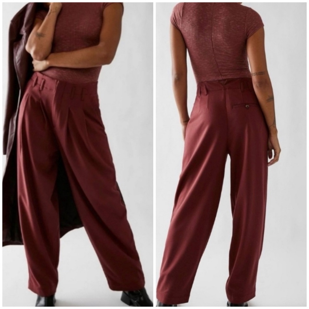 Free People Calla Oversized Pleated Trousers 6 Burgundy Baggy Relaxed Chic Work